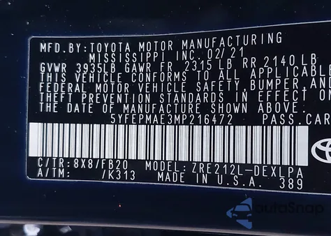 2021 Toyota Corolla Le from USA, damaged, VIN 5YFEPMAE3MP216472